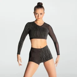 1st Position Asymmetrical Lurex and Mesh Panelled Crop Top and Shorts