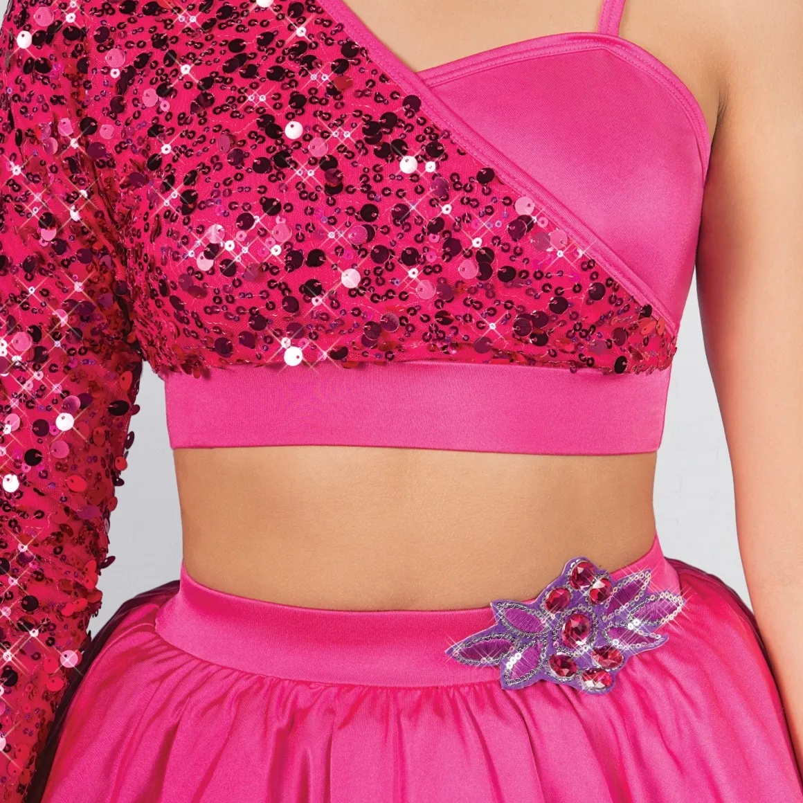 1st Position Asymmetrical Sequin Sleeved Two Piece Glitz