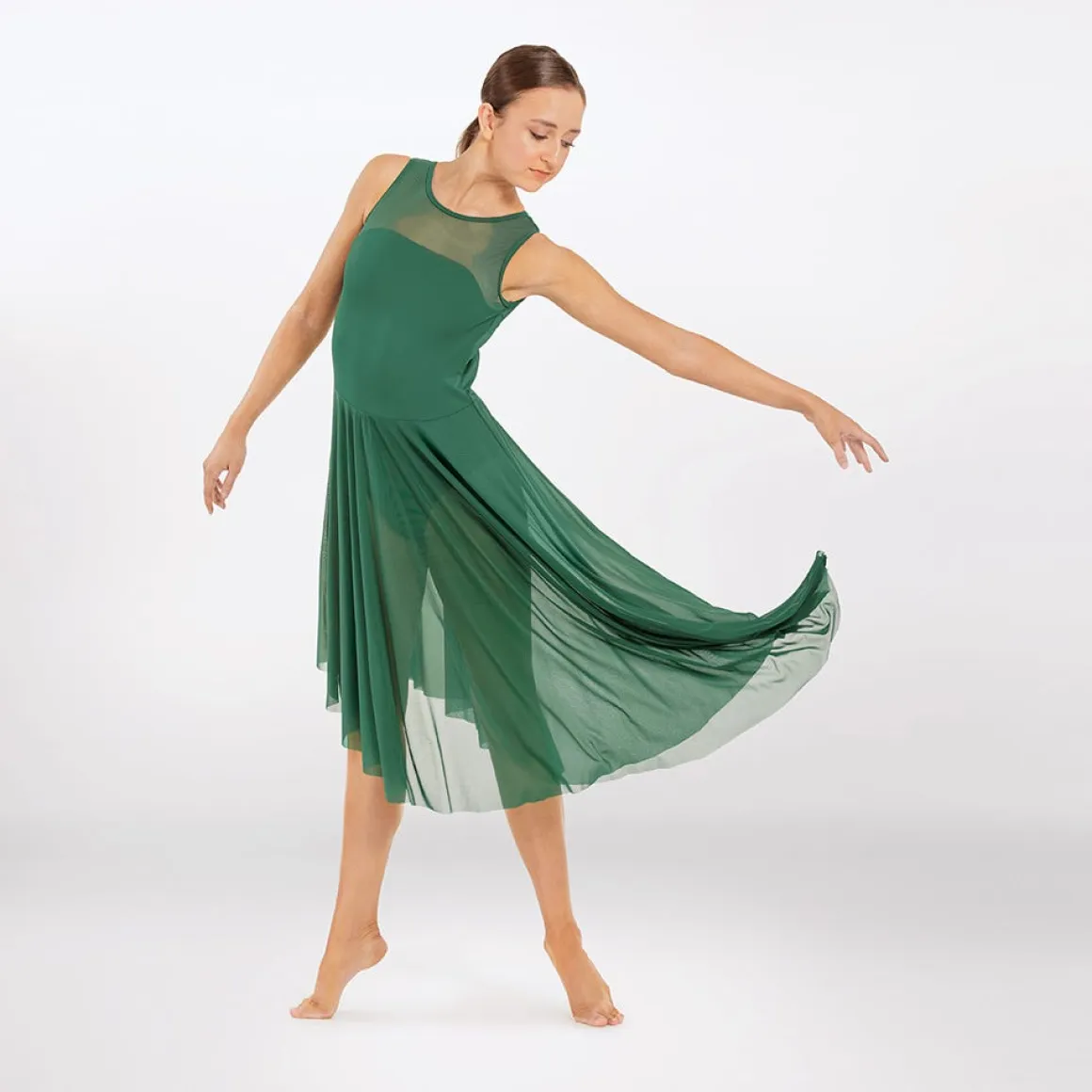 1st Position Asymmetric Long Stretch Mesh Dress Forest Green