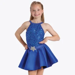 1st Position Blue Sequin Lace High-necked Skirted Unitard