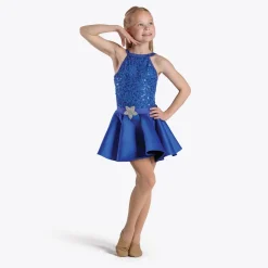 1st Position Blue Sequin Lace High-necked Skirted Unitard