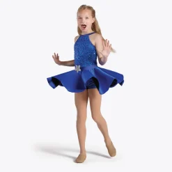 1st Position Blue Sequin Lace High-necked Skirted Unitard