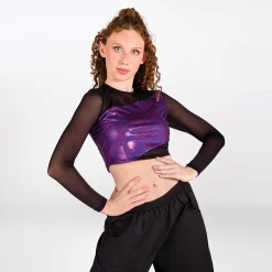 1st Position Foil Crop Top with Mesh Long Sleeves