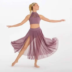 1st Position Halterneck Lace Panel Top with Long Mesh Skirt Lavender