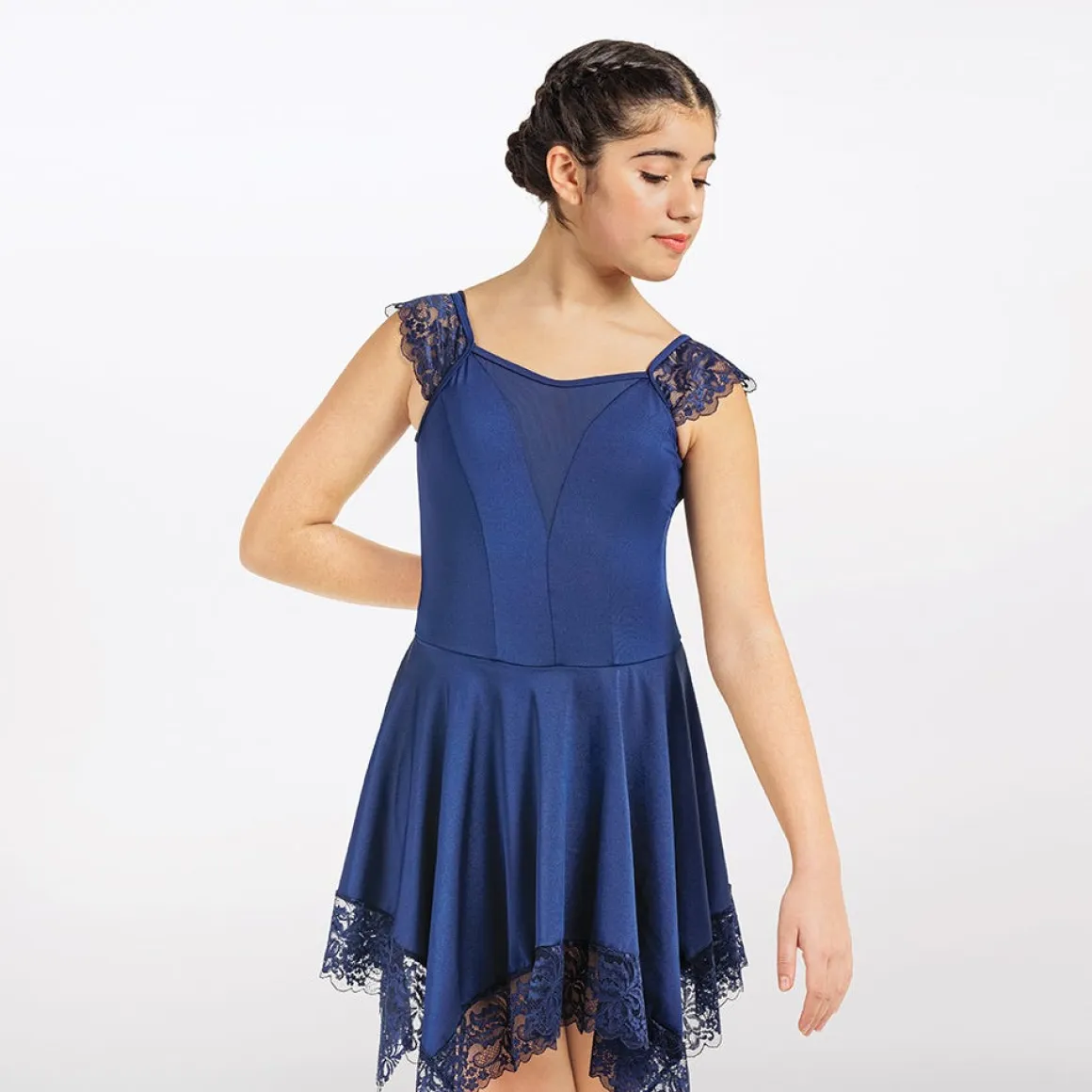 1st Position Hanky Hem Dress with Wide Lace Trim Navy