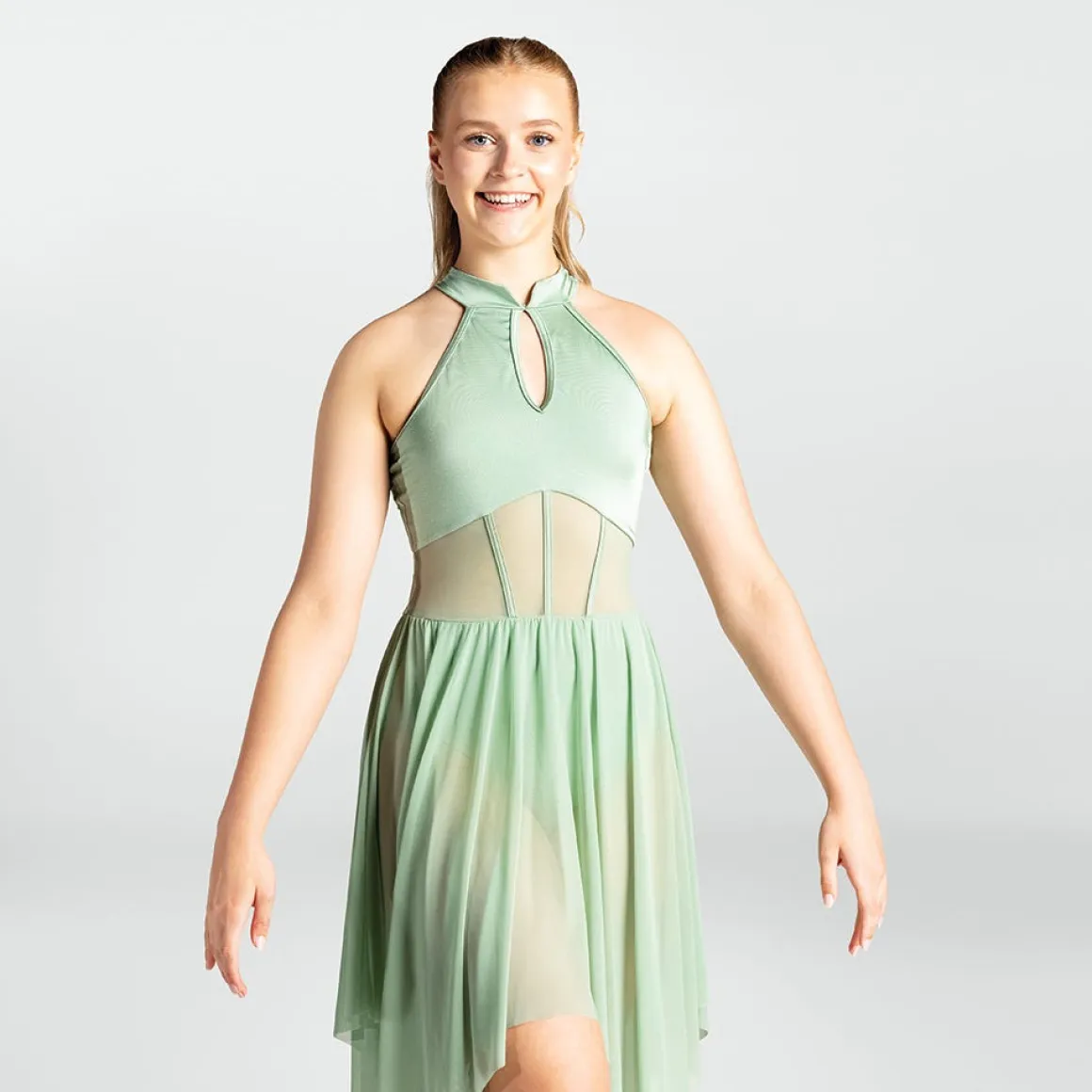 1st Position High Neck Stretch Mesh Dress with Seam Detail