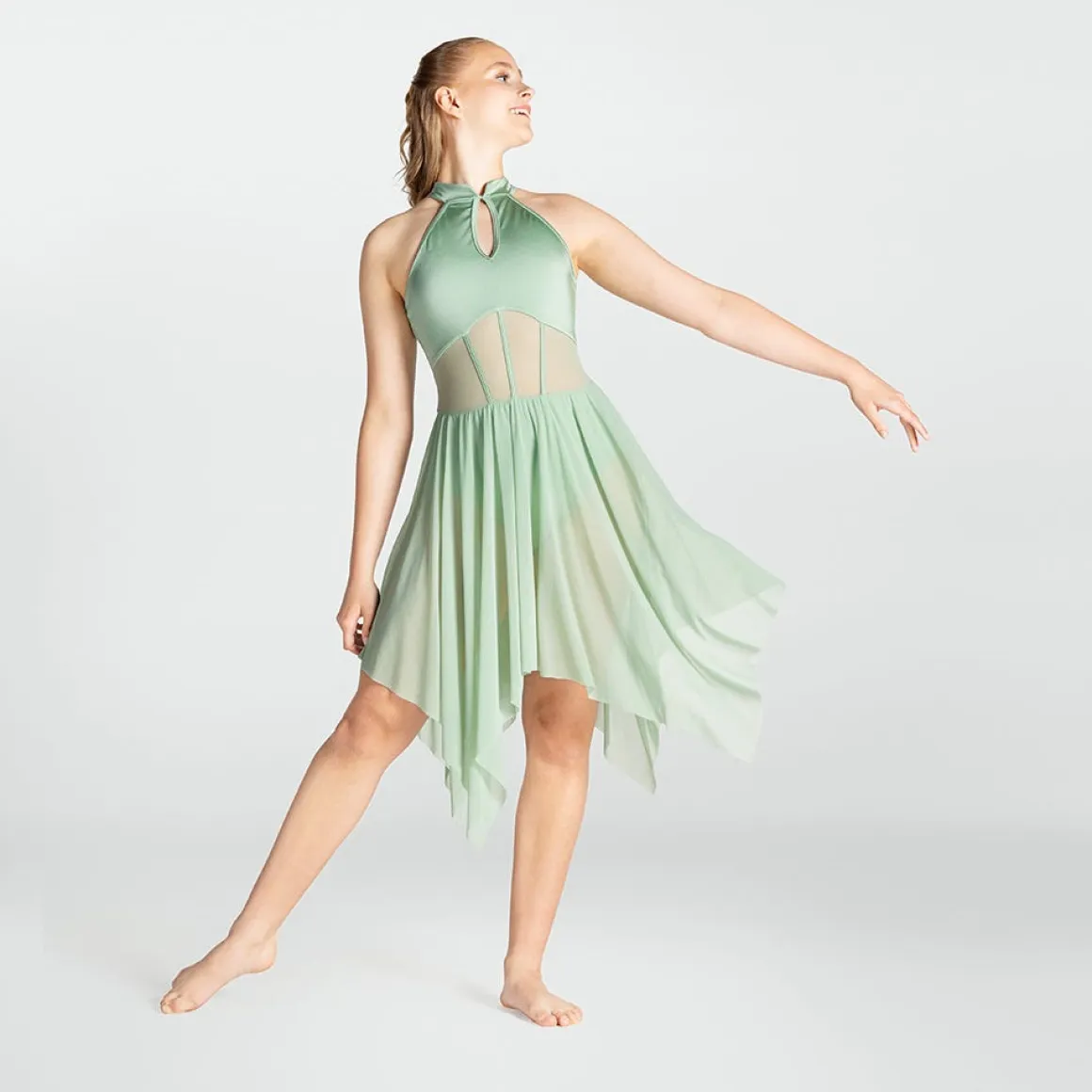 1st Position High Neck Stretch Mesh Dress with Seam Detail