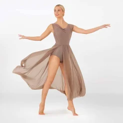 1st Position Long Mesh Cowl Neck Dress Taupe