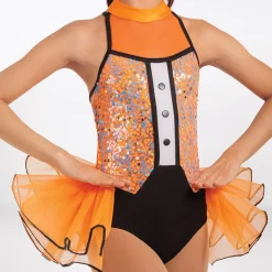 1st Position Sequin Tuxedo Leotard with Bustle Orange