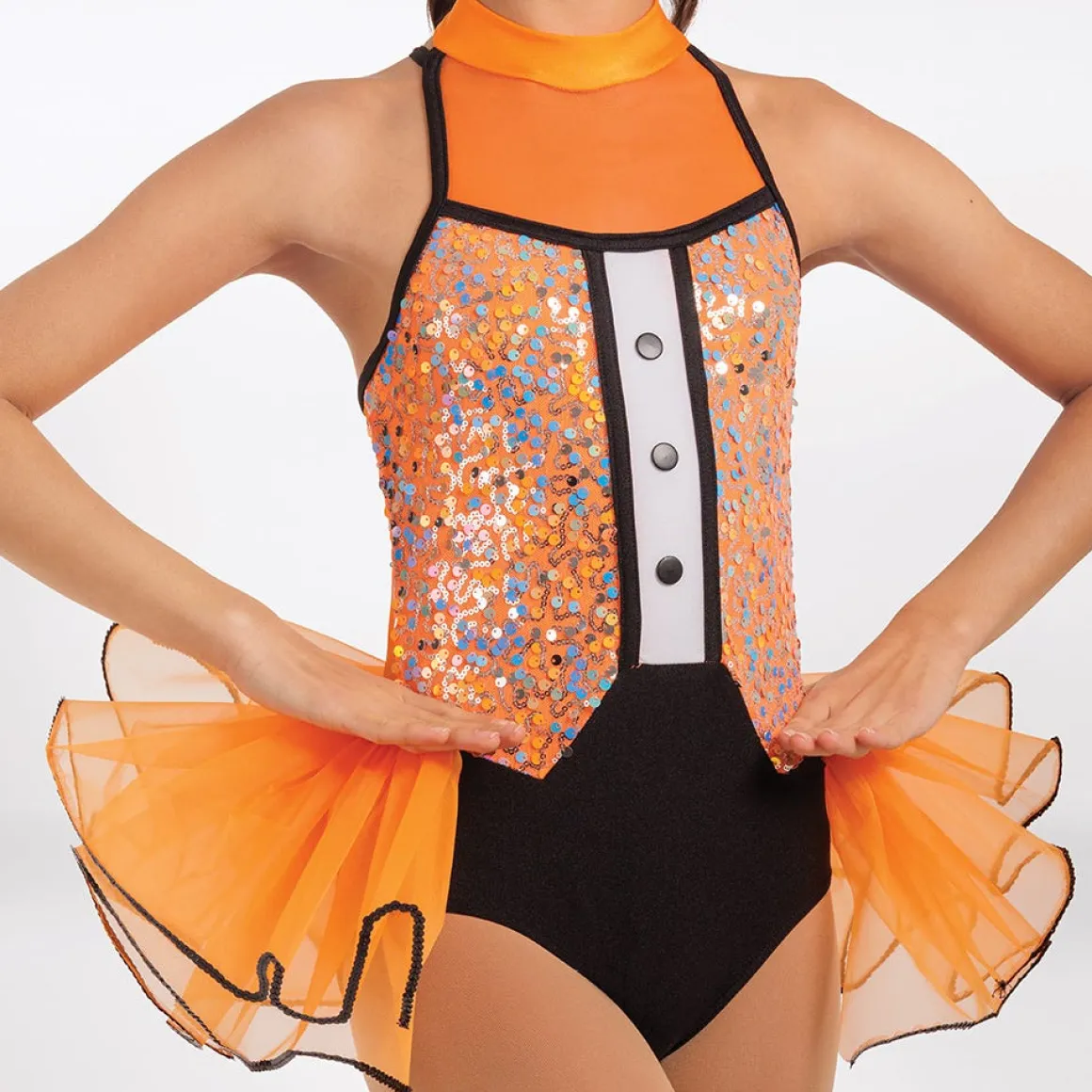 1st Position Sequin Tuxedo Leotard with Bustle Orange