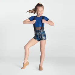 1st Position Shimmer Tartan Biketard with Braces