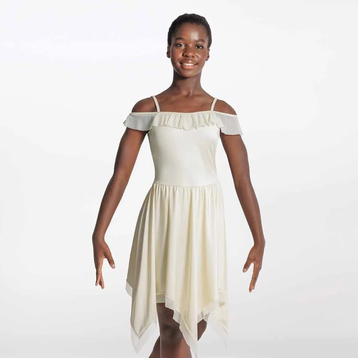 1st Position Short Hanky Hem Dress with Draped Shoulder Ivory