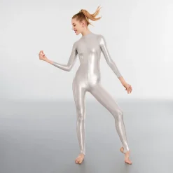 1st Position Toni Silver Long Sleeved Foil Catsuit
